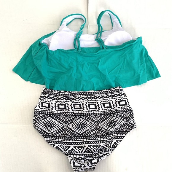 Fancyskin Womens XXL 2XL Swimsuit Bikini Teal Aztec High Waist Tummy Control New - Picture 6 of 9